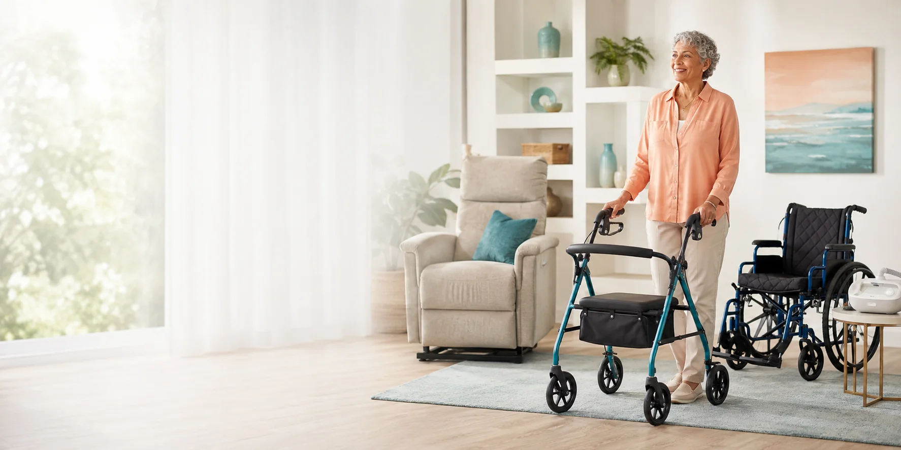A thoughtfully arranged collection of mobility and home-care equipment in a bright home