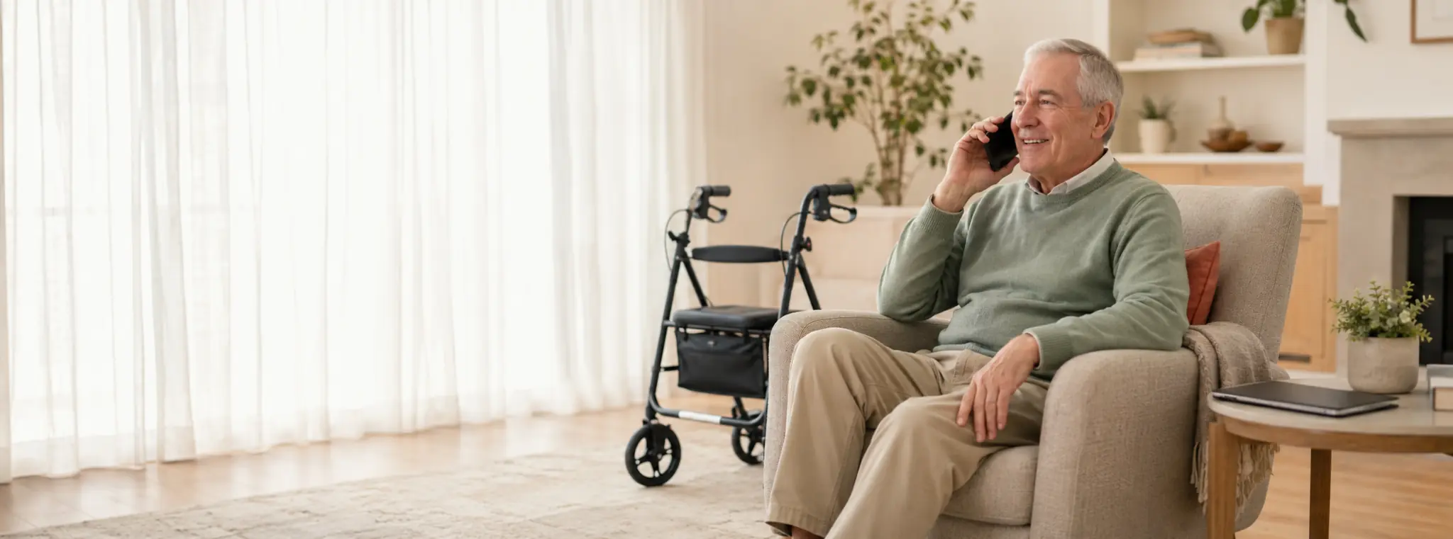 Older adult speaking with a helpful equipment support representative from home