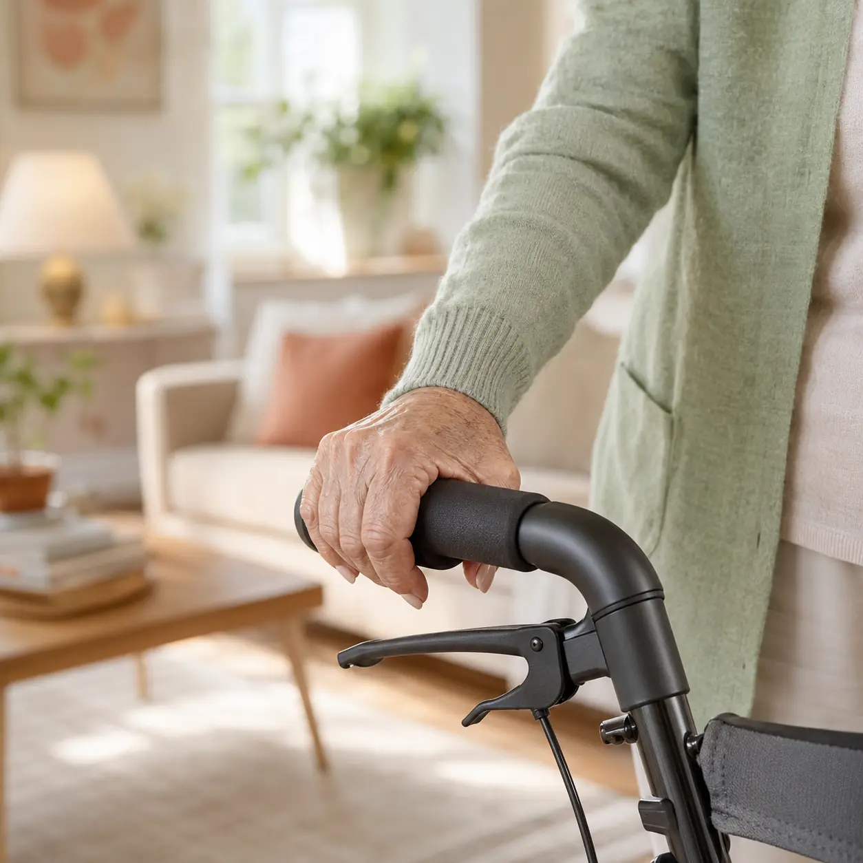Close view of an older adult comfortably using mobility equipment at home