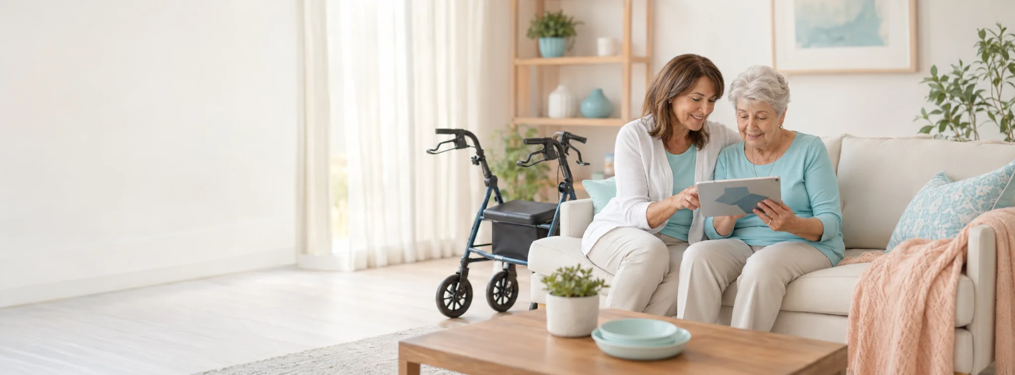 Older adult and family member comfortably exploring home medical equipment options